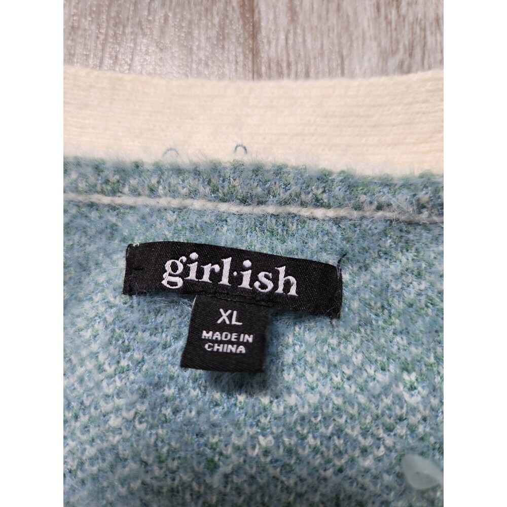 Girlish Heart Bow Cardigan Sweater Blue Cream Button Up Soft Knit Womens XL GUC - Picture 4 of 11